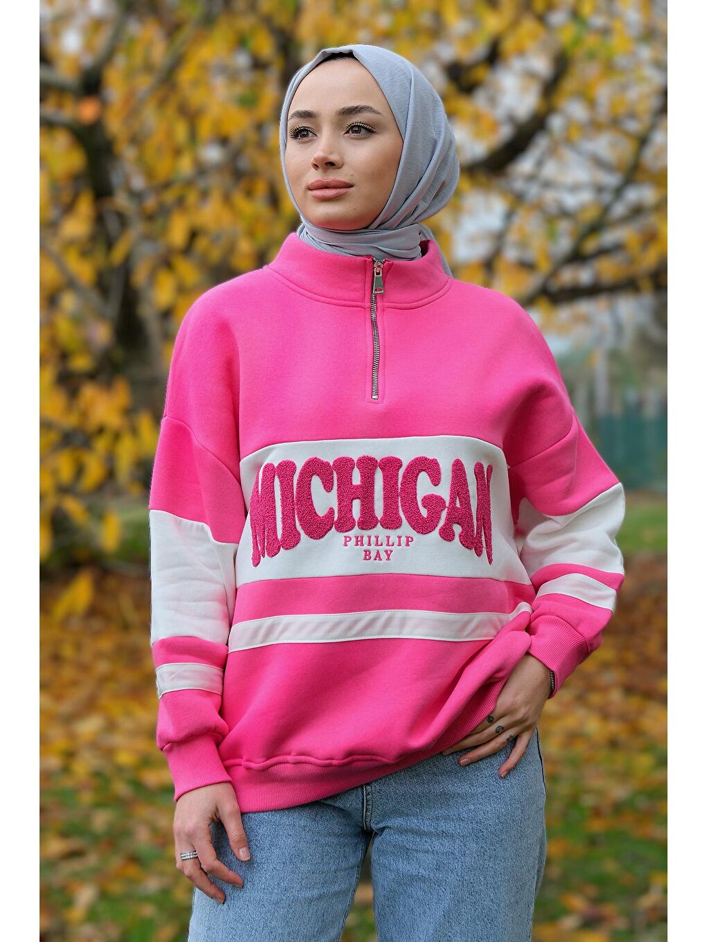 Önü Fermuarlı Sweat Fuşya-1