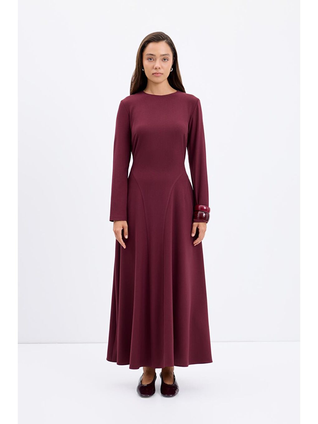 Bisiklet Yaka Parçalı Uzun Elbise Bordo-1