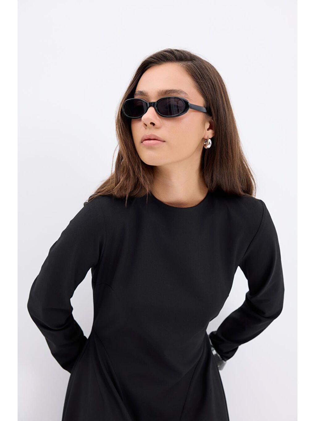 Bisiklet Yaka Parçalı Uzun Elbise Siyah-5