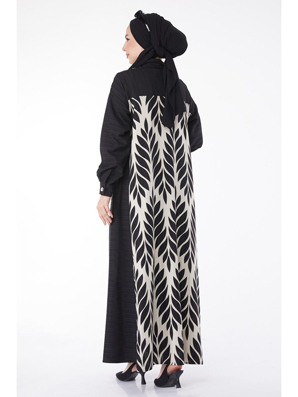 Gömlek Yaka Kadın Siyah Desenli Salaş Elbise - 25045-4