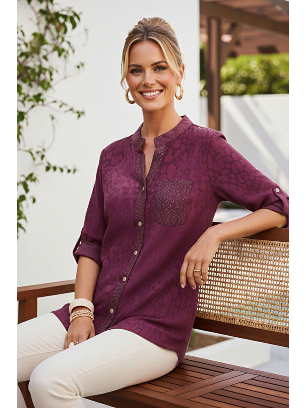 İtalyan Mürdüm Rengi Hakim Yaka 3/4 Kol Leopar Desenli Düğmeli Pullu Cepli Viskon Dokuma 75 65-4