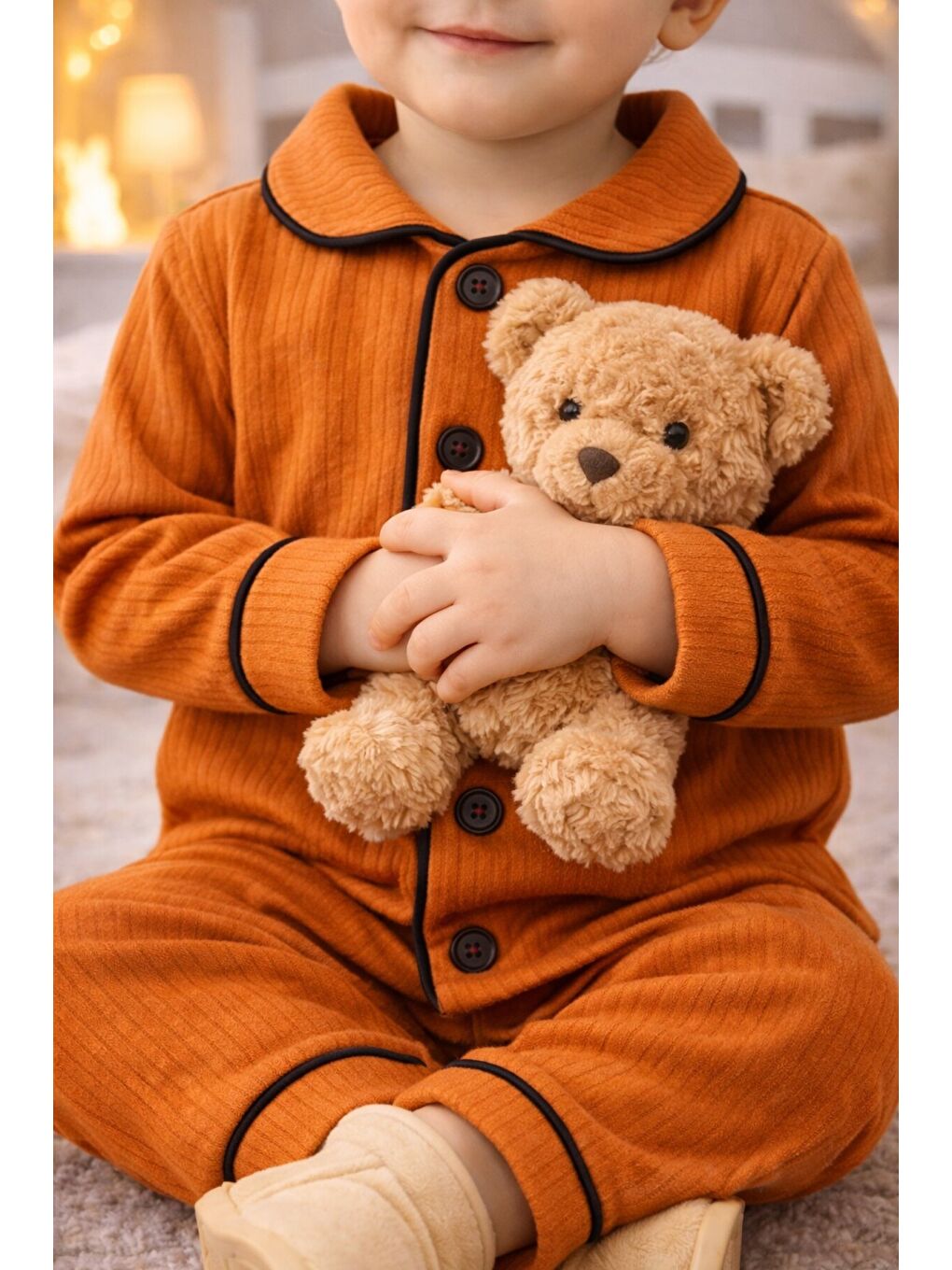 Turuncu Bebek Düğmeli Pijama Takımı Yumuşak Kumaş Uzun Kollu-5