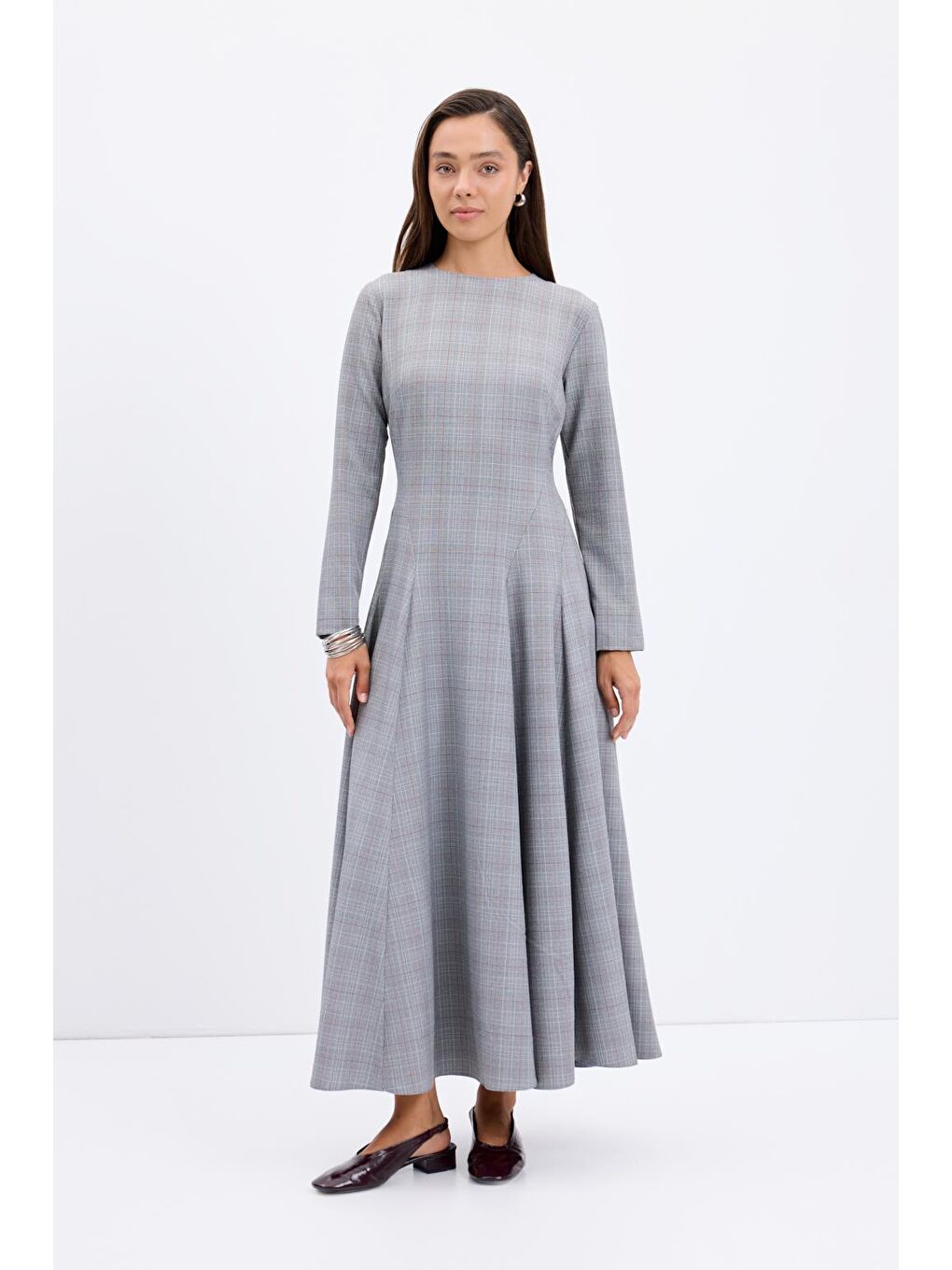 Ekose Desenli Parçalı Uzun Elbise Gri-7