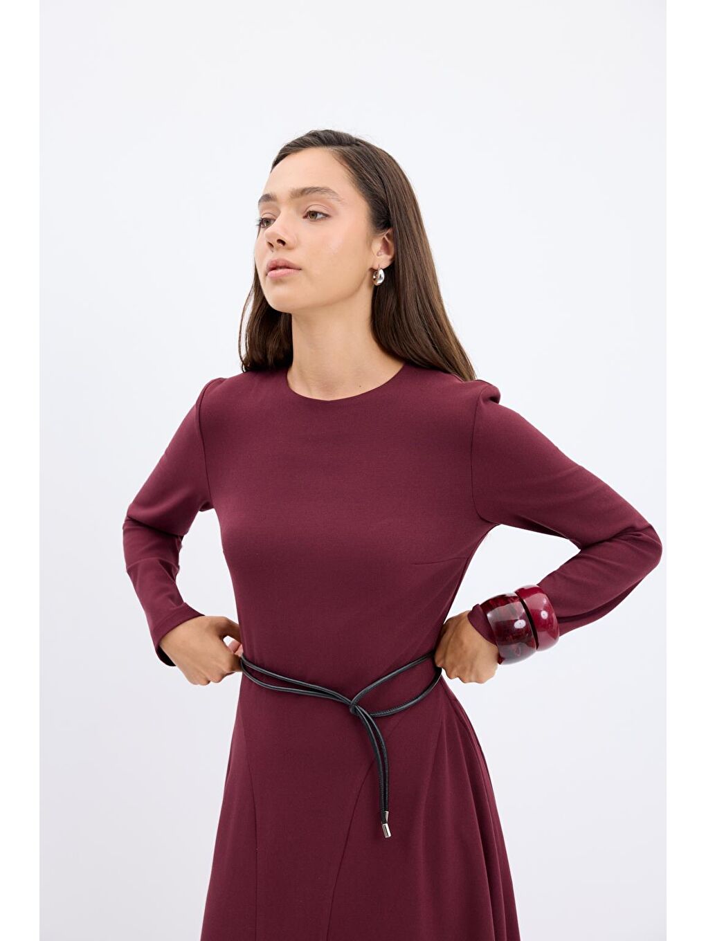 Bisiklet Yaka Parçalı Uzun Elbise Bordo-2