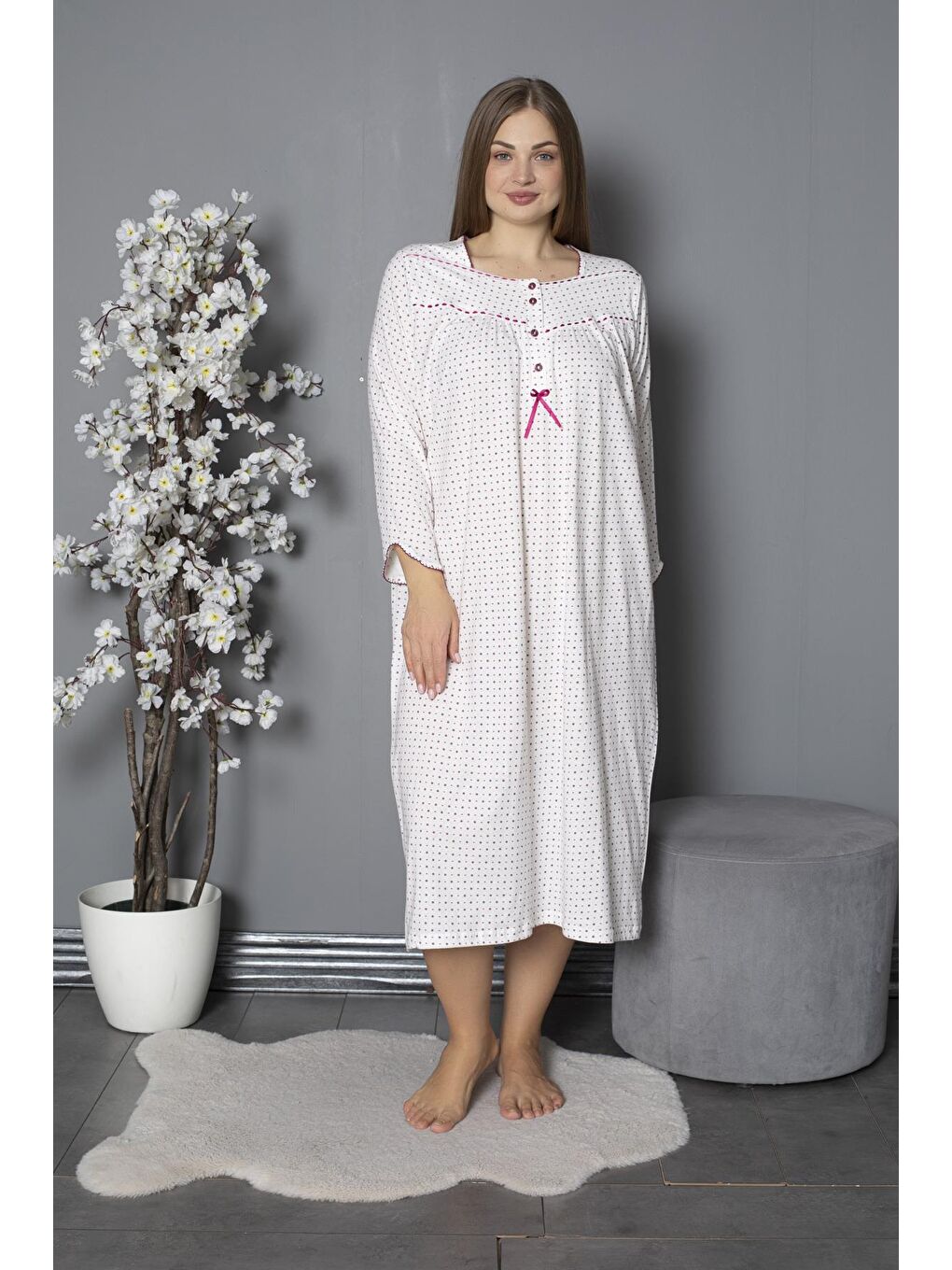 Mürdüm %100 Pamuklu Mevsimlik Penye Uzun Kollu Büyük Beden Anne Geceliği 1330-1