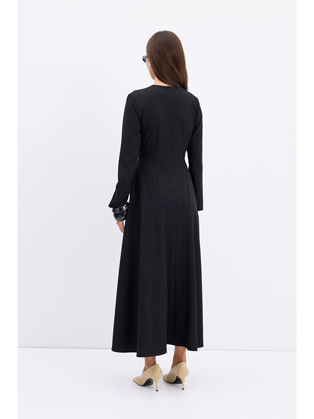 Bisiklet Yaka Parçalı Uzun Elbise Siyah-6