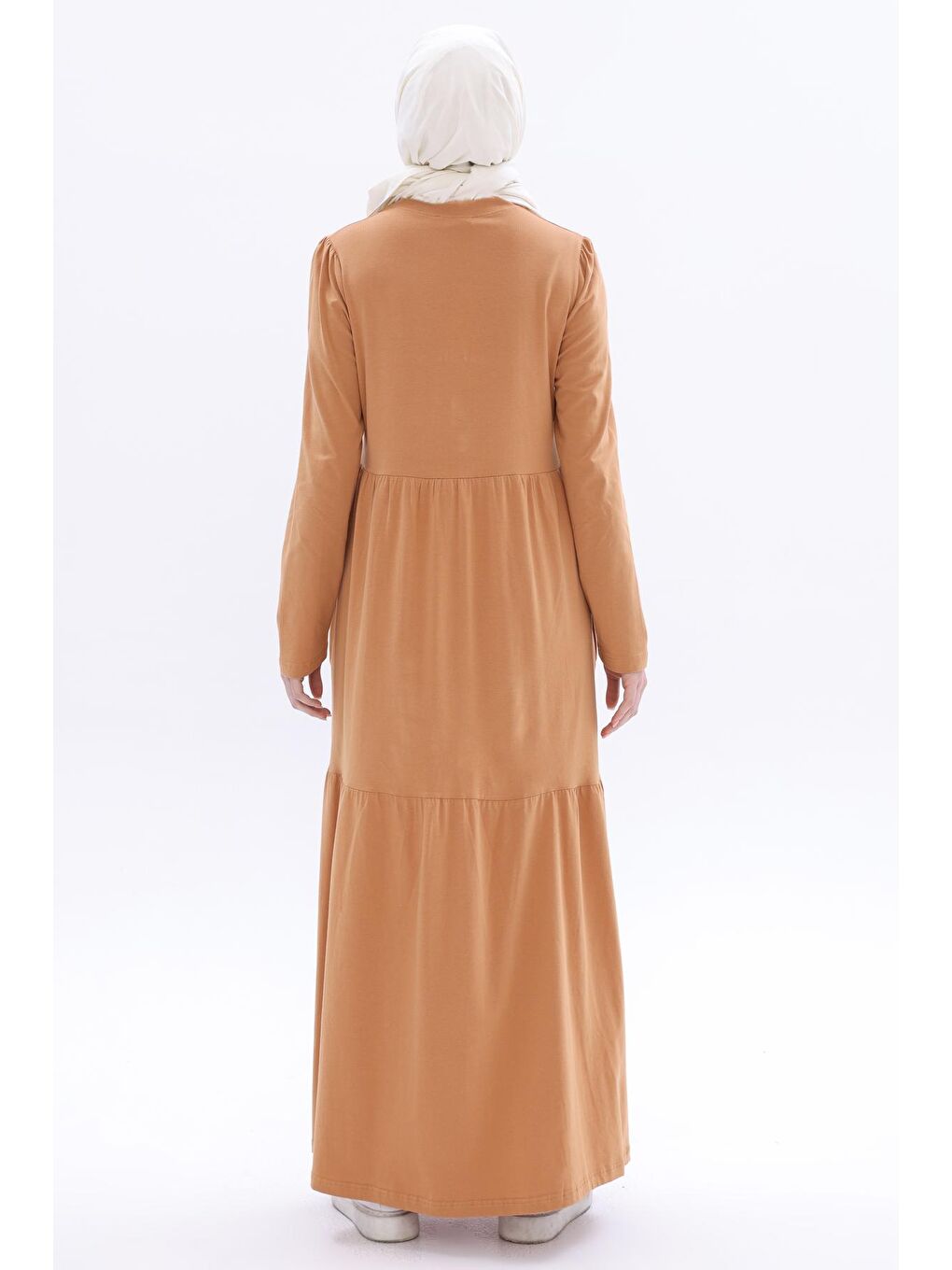 Bej Camel Pamuklu Fırfırlı Cepli Penye Elbise-3