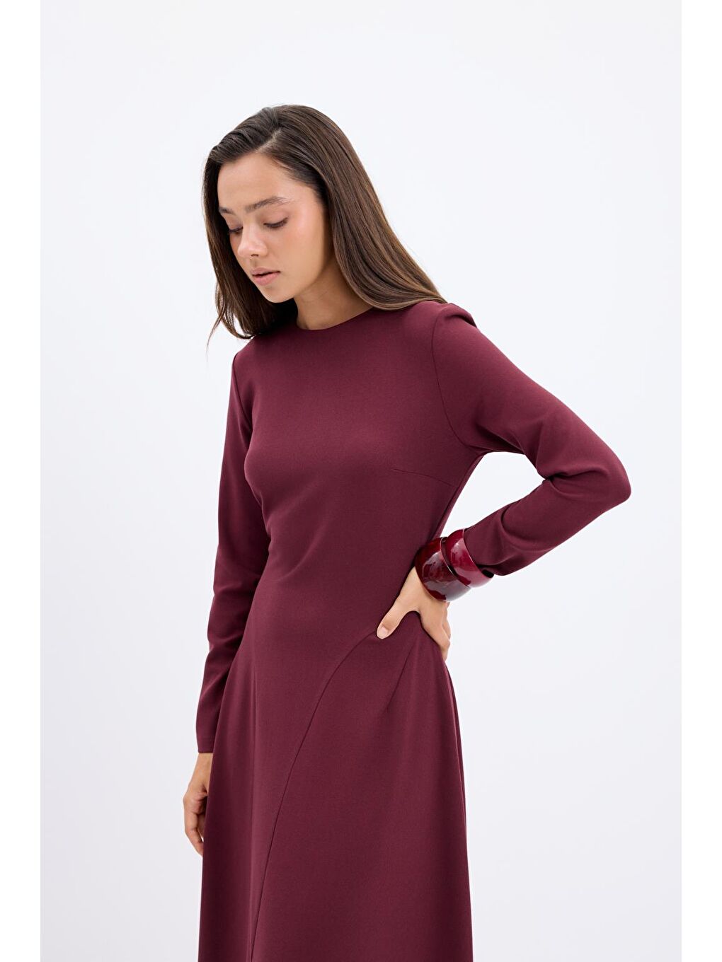 Bisiklet Yaka Parçalı Uzun Elbise Bordo-4
