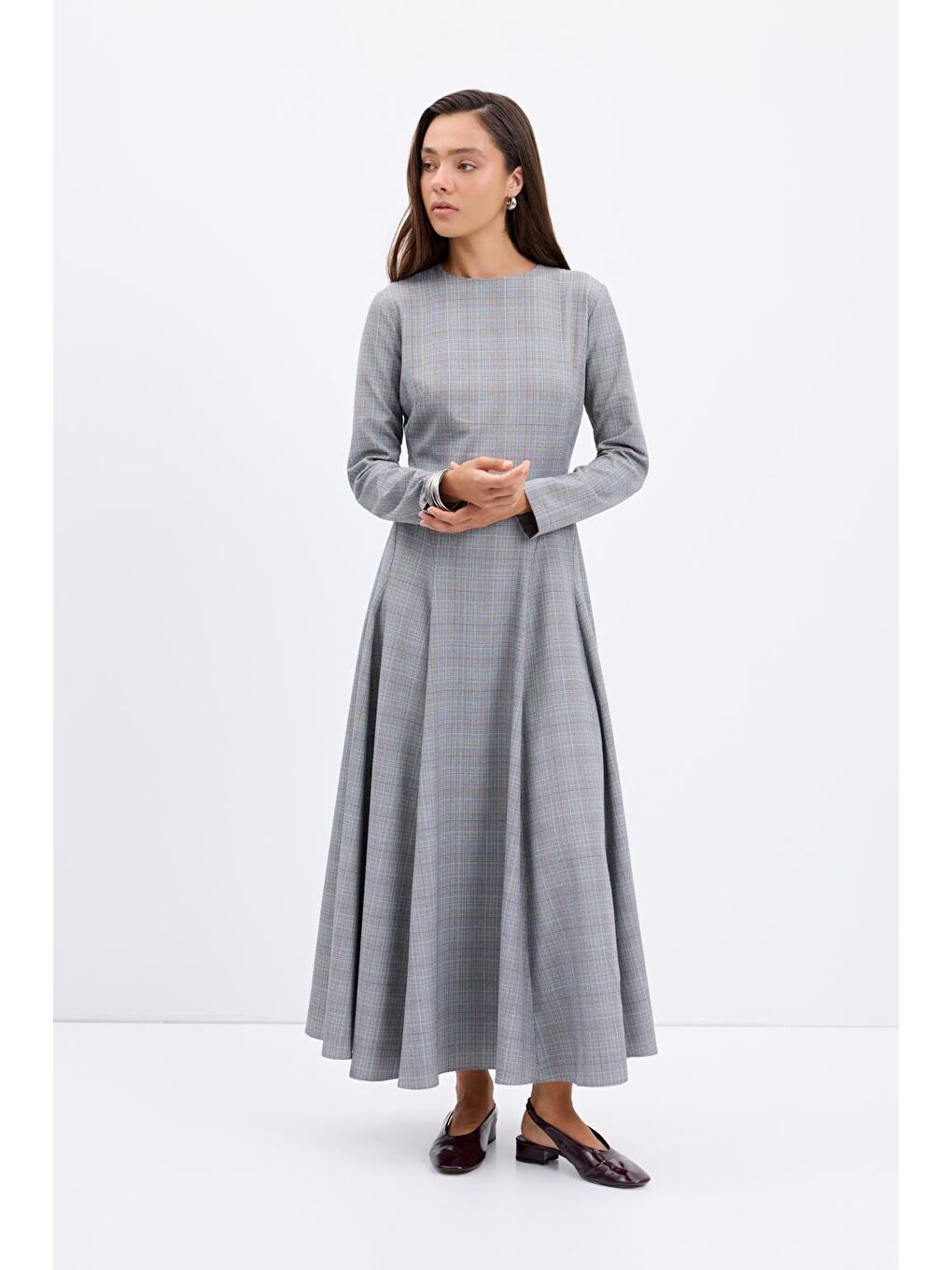 Ekose Desenli Parçalı Uzun Elbise Gri-8