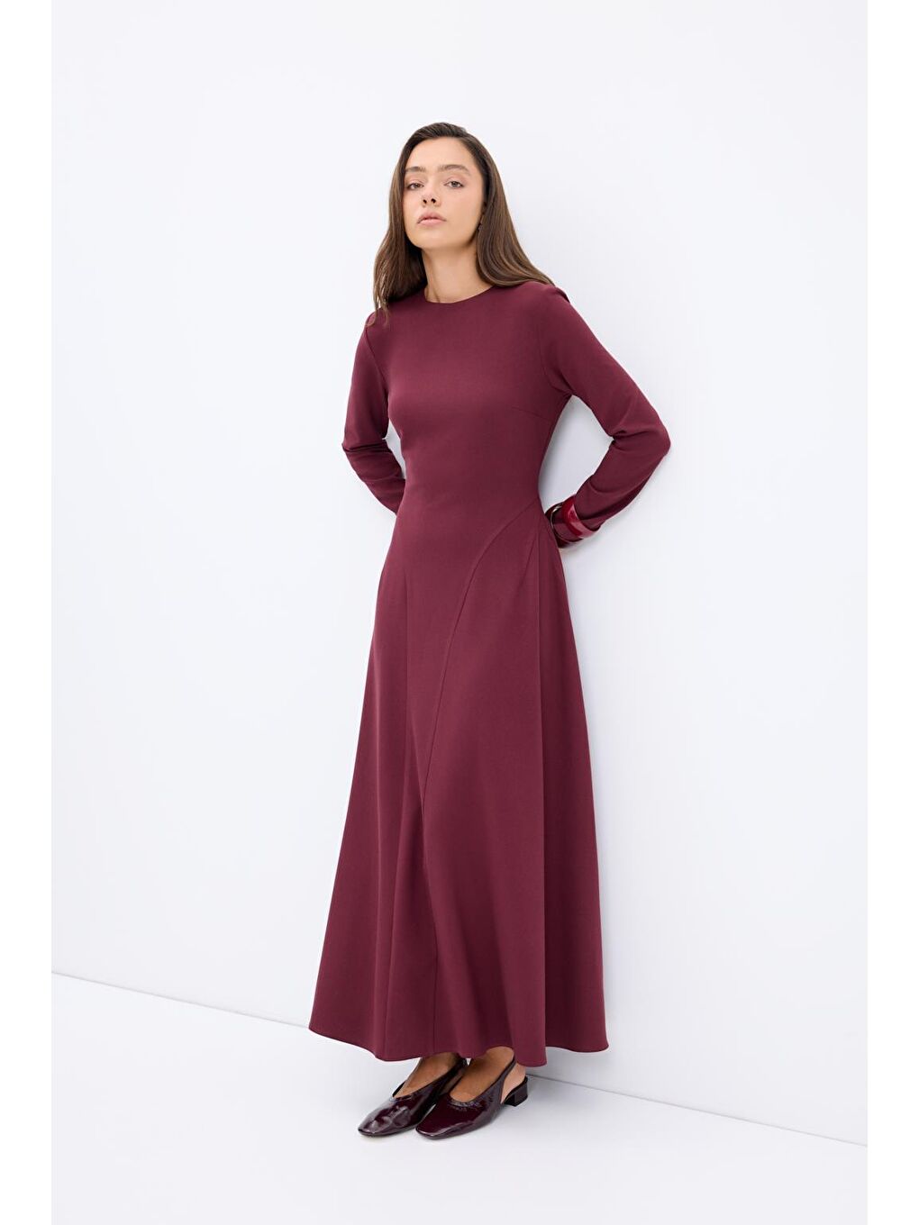 Bisiklet Yaka Parçalı Uzun Elbise Bordo-5