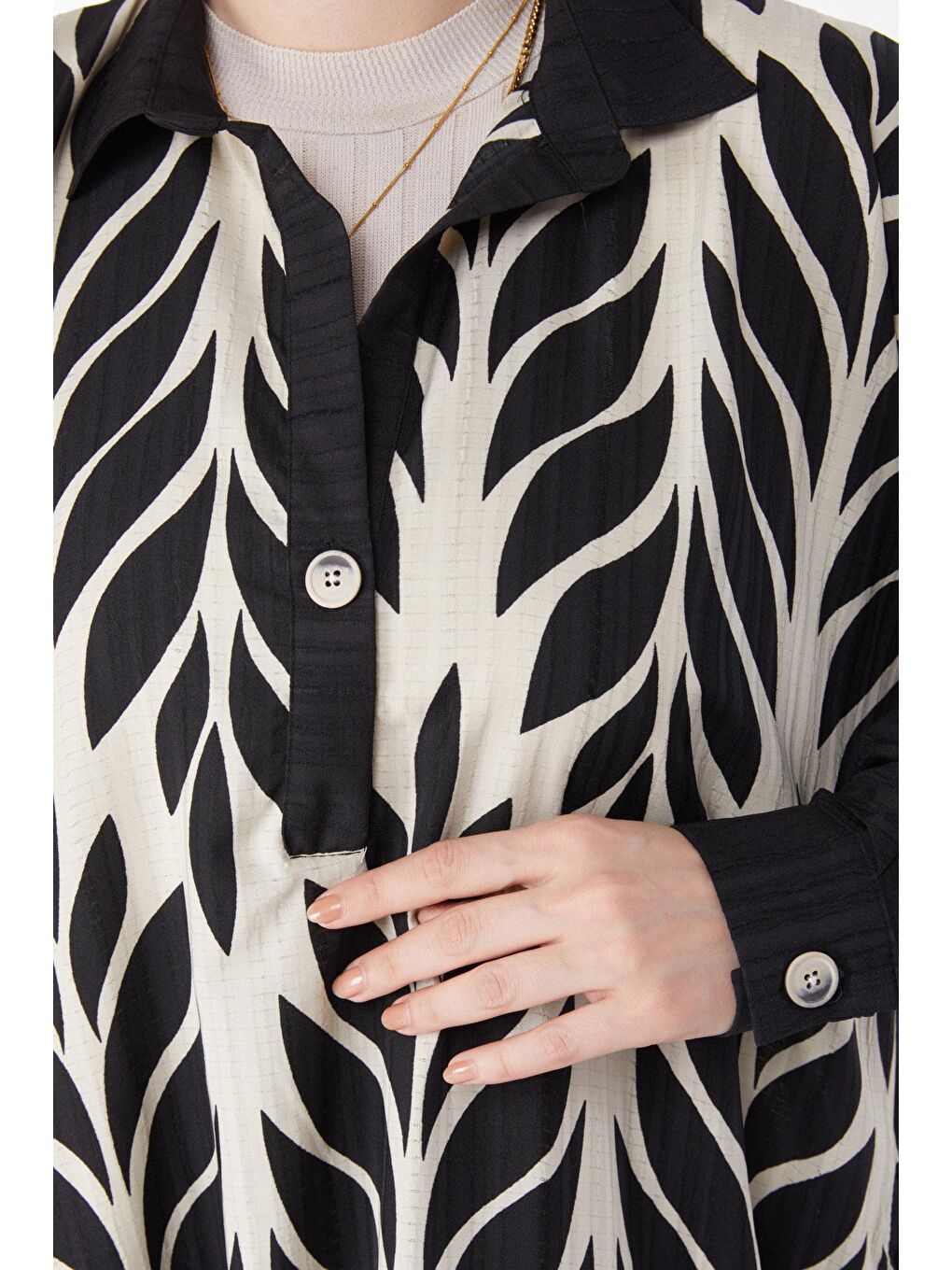 Gömlek Yaka Kadın Siyah Desenli Salaş Elbise - 25045-5