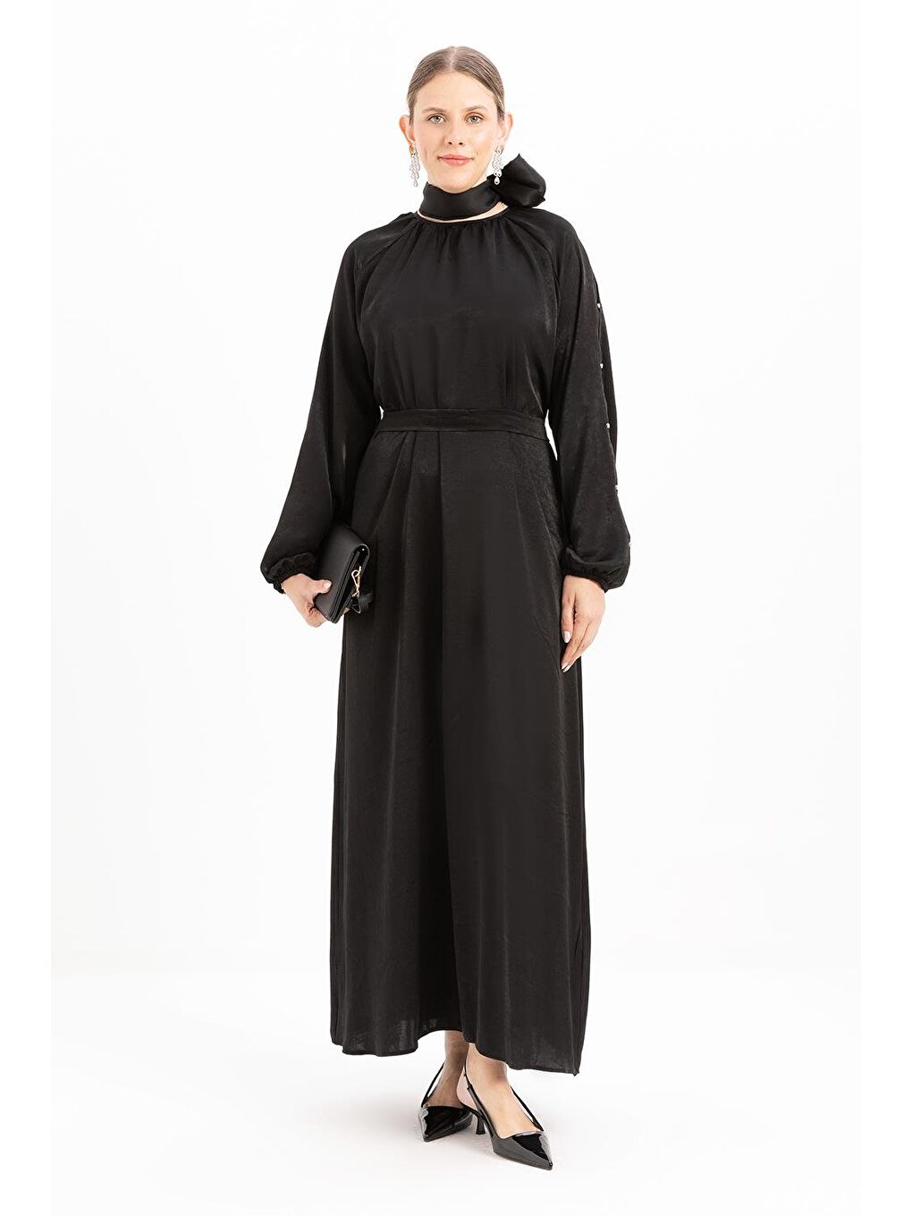 Siyah-Taşlı Saten Elbise-1