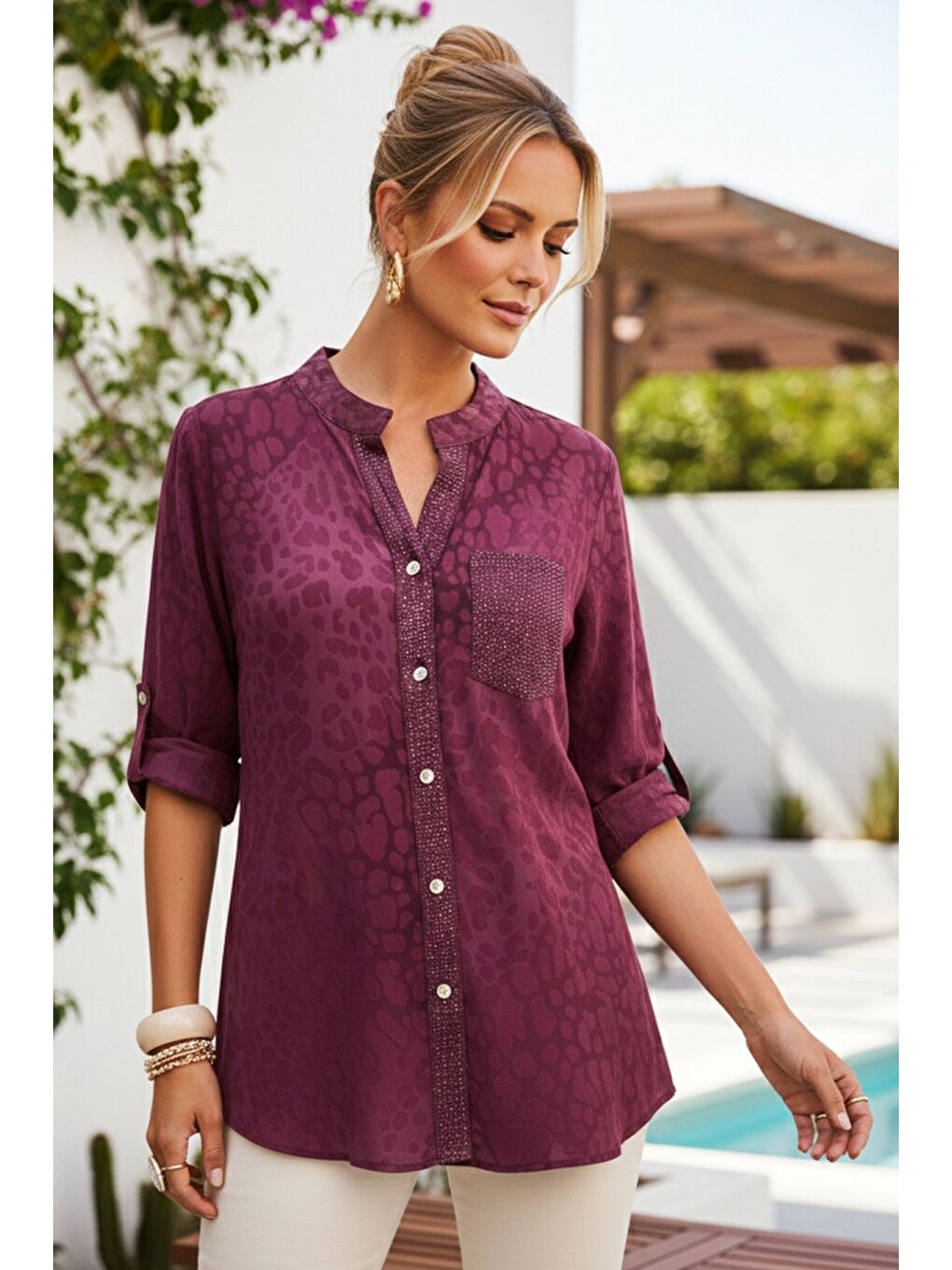 İtalyan Mürdüm Rengi Hakim Yaka 3/4 Kol Leopar Desenli Düğmeli Pullu Cepli Viskon Dokuma 75 65-1