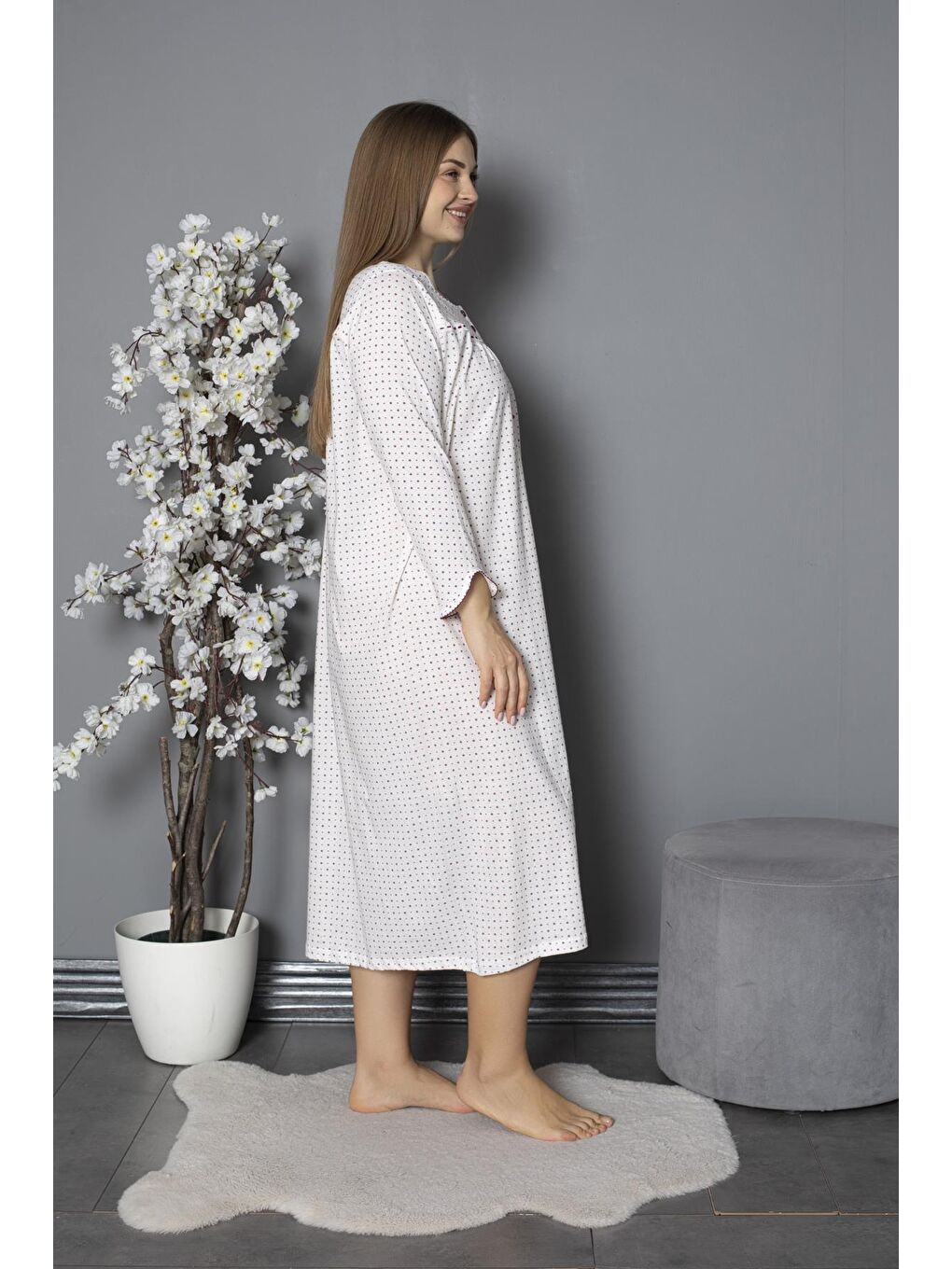 Mürdüm %100 Pamuklu Mevsimlik Penye Uzun Kollu Büyük Beden Anne Geceliği 1330-2