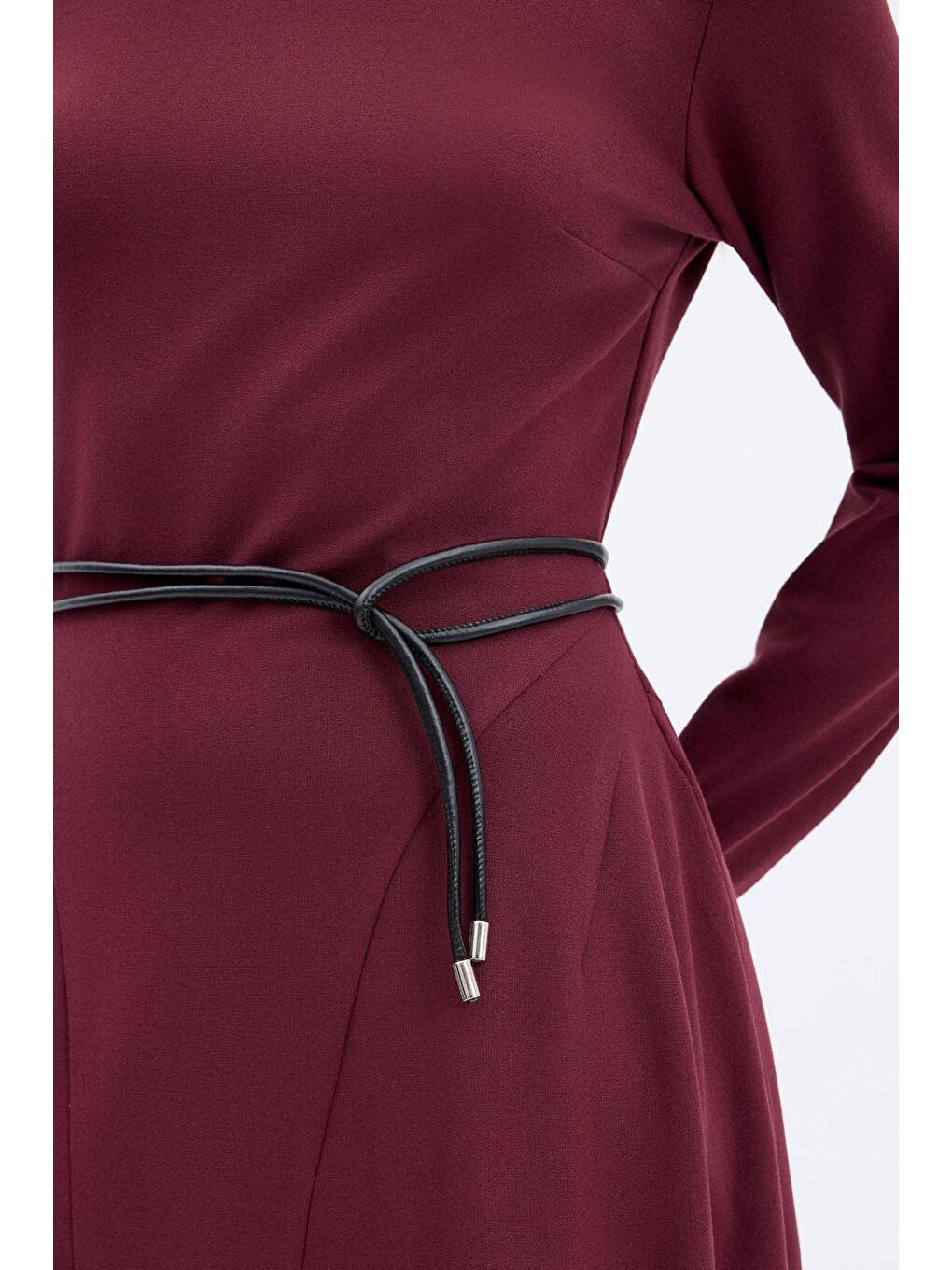 Bisiklet Yaka Parçalı Uzun Elbise Bordo-6