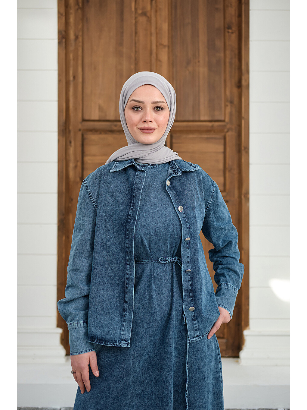 Kadın Düğmeli Bel Bağlamalı Jean Takım Yıkama Mavi-2