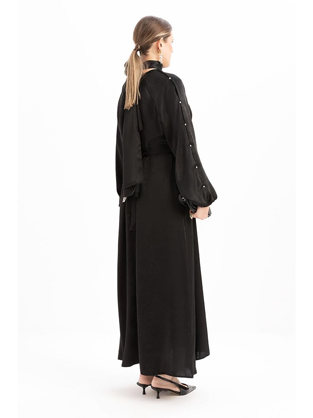 Siyah-Taşlı Saten Elbise-3