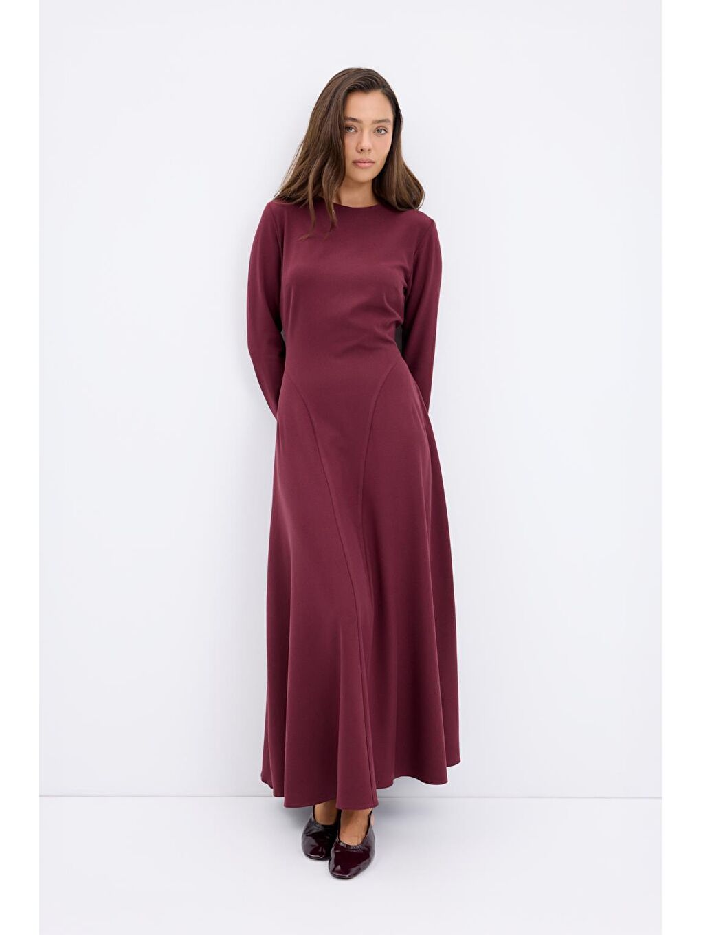 Bisiklet Yaka Parçalı Uzun Elbise Bordo-7