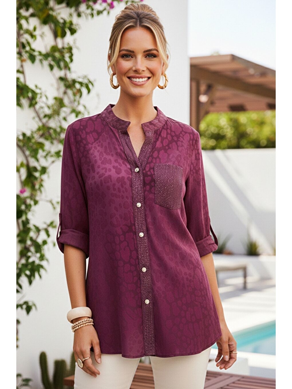 İtalyan Mürdüm Rengi Hakim Yaka 3/4 Kol Leopar Desenli Düğmeli Pullu Cepli Viskon Dokuma 75 65-3