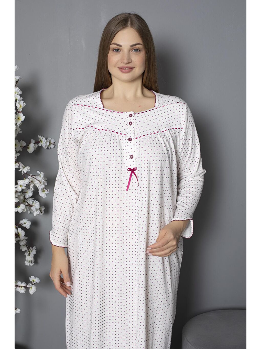Mürdüm %100 Pamuklu Mevsimlik Penye Uzun Kollu Büyük Beden Anne Geceliği 1330-3