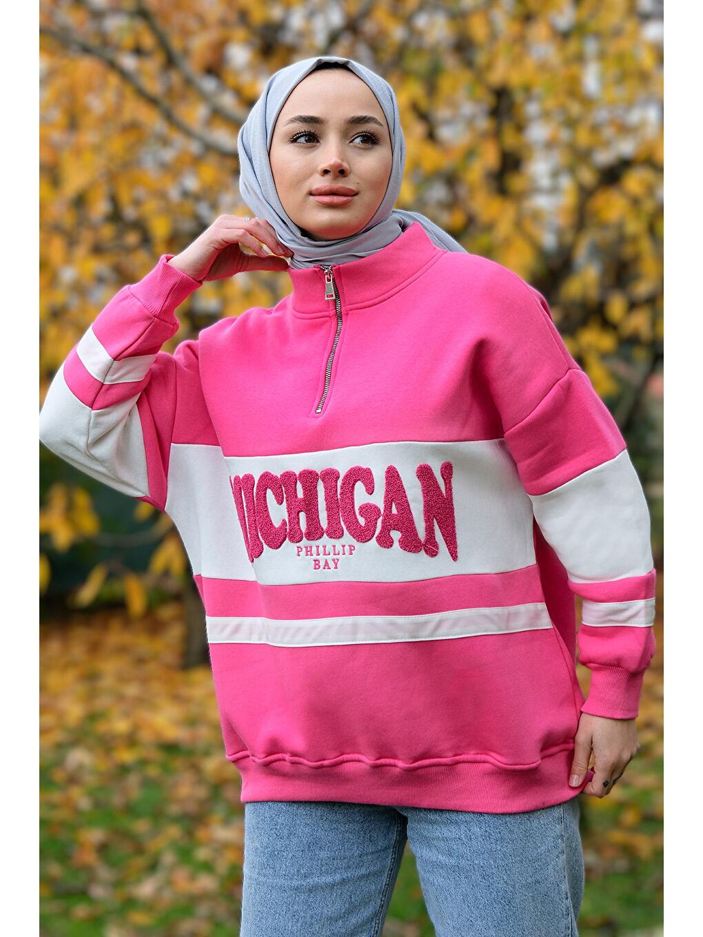 Önü Fermuarlı Sweat Fuşya-2