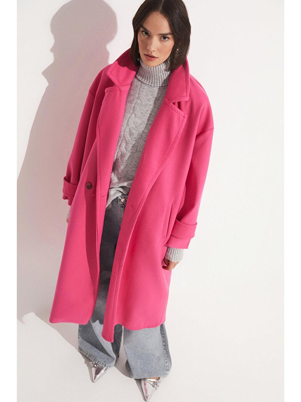 June Pembe Oversize Kruvaze kaşe  Kaban - 4