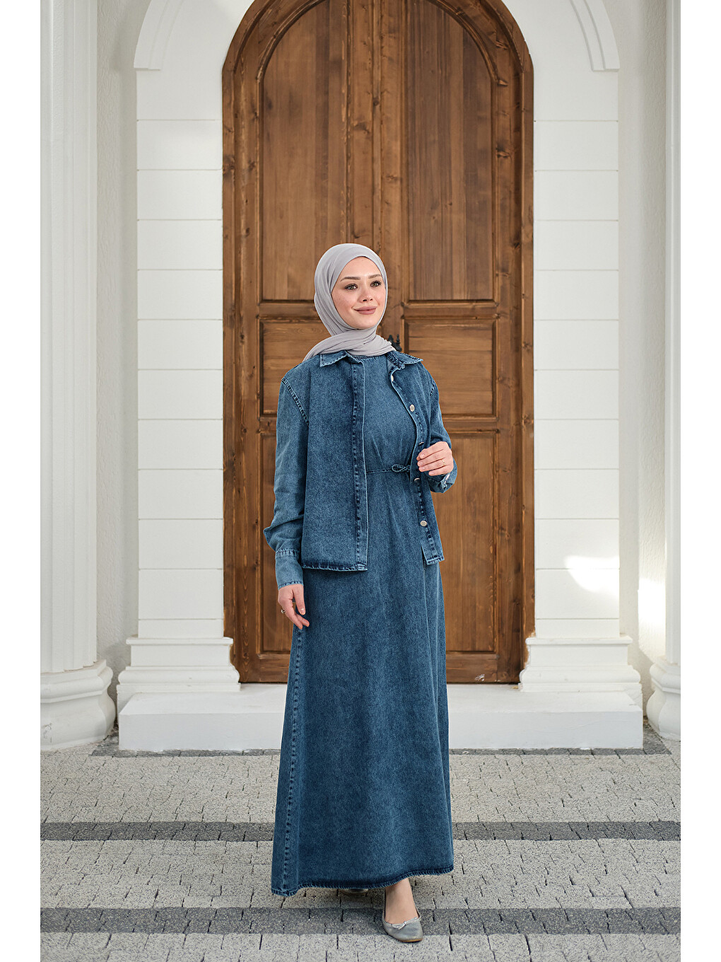 Kadın Düğmeli Bel Bağlamalı Jean Takım Yıkama Mavi-3