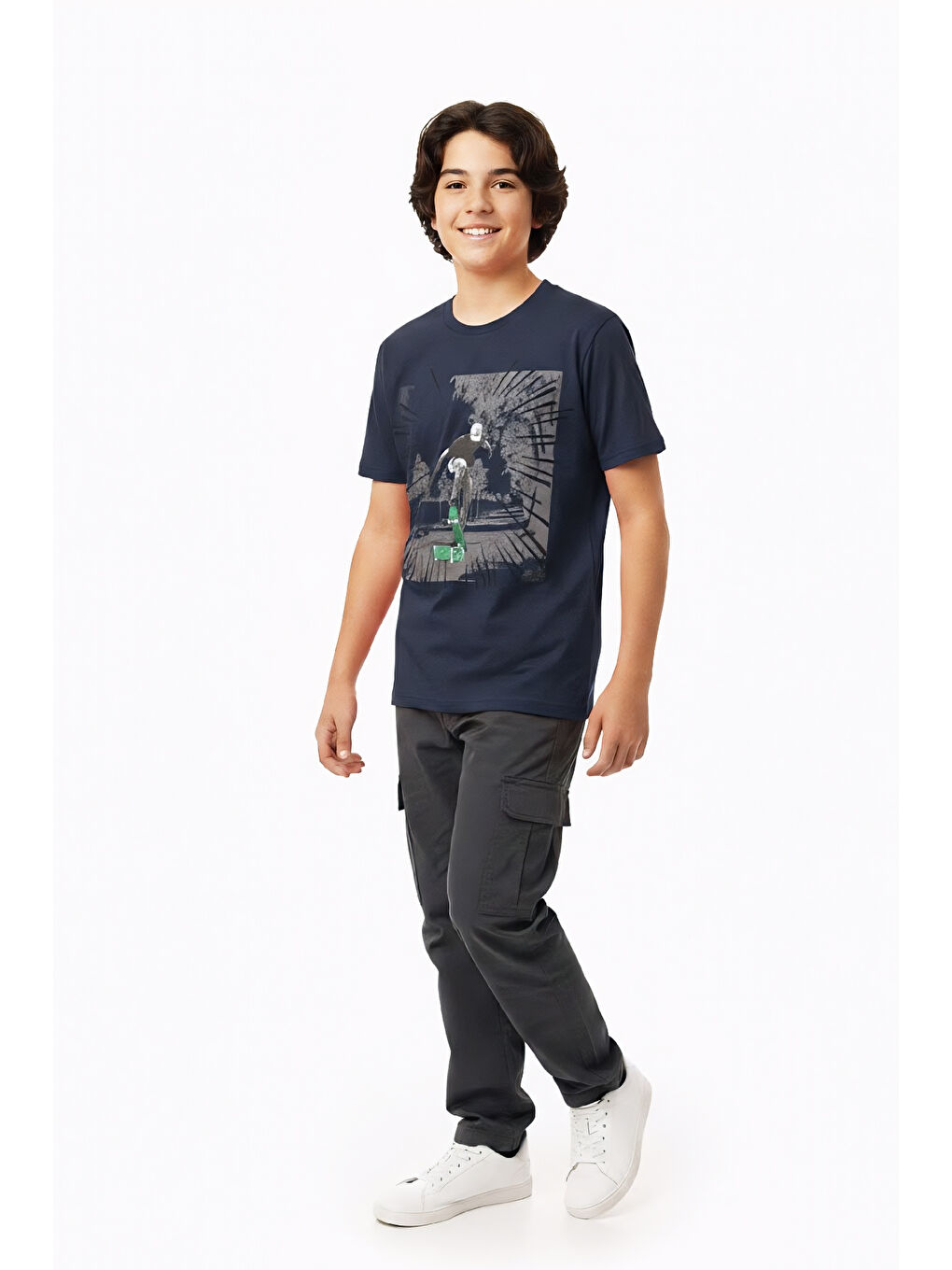 Lacivert Erkek Çocuk %100 Pamuk T-Shirt-KayKay Baskılı-12-16 Yaş 12526-1