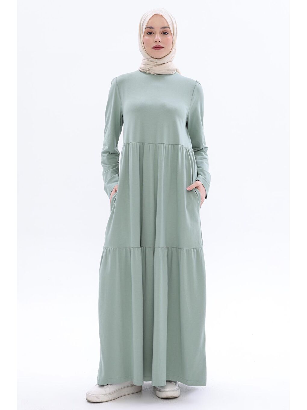 Yeşil Defne Pamuklu Fırfırlı Cepli Penye Elbise-1