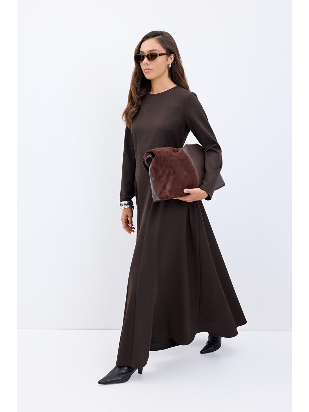 Kahverengi Bisiklet Yaka Parçalı Uzun Elbise Kahve-2
