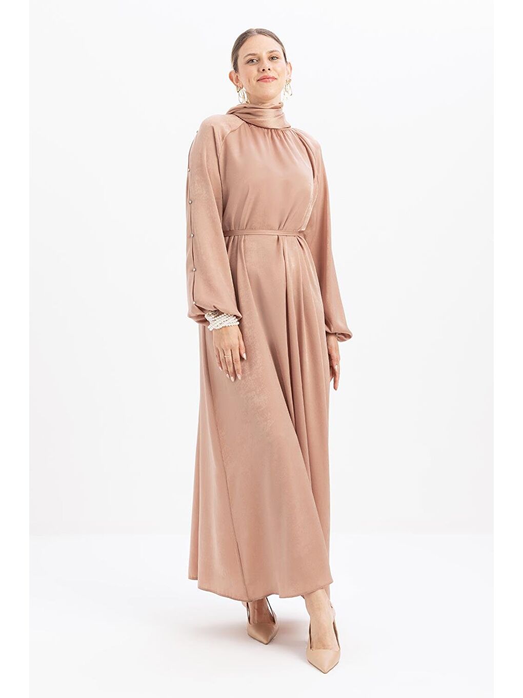 Bej Vizon-Taşlı Saten Elbise-1