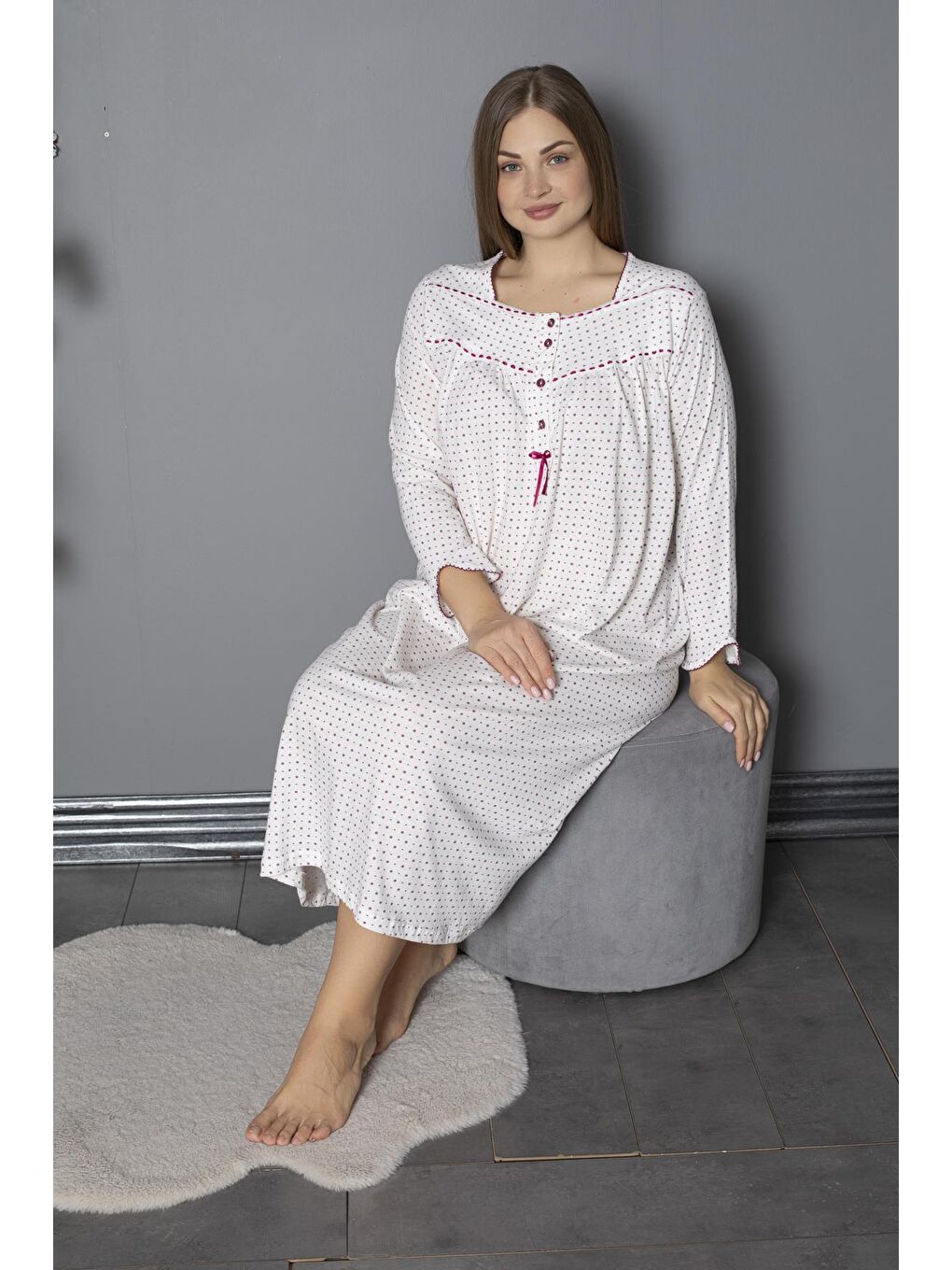 Mürdüm %100 Pamuklu Mevsimlik Penye Uzun Kollu Büyük Beden Anne Geceliği 1330-4