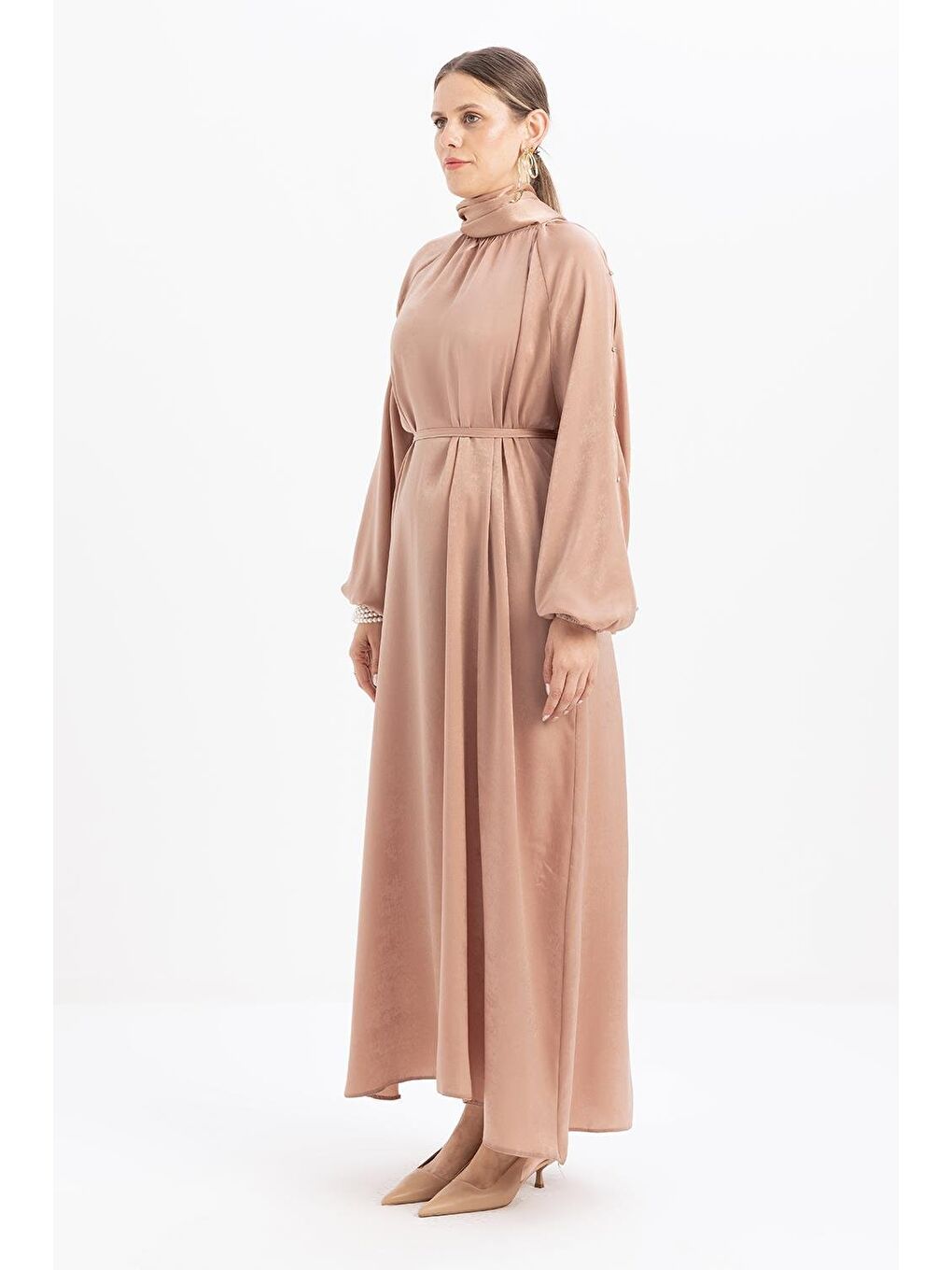 Bej Vizon-Taşlı Saten Elbise-2