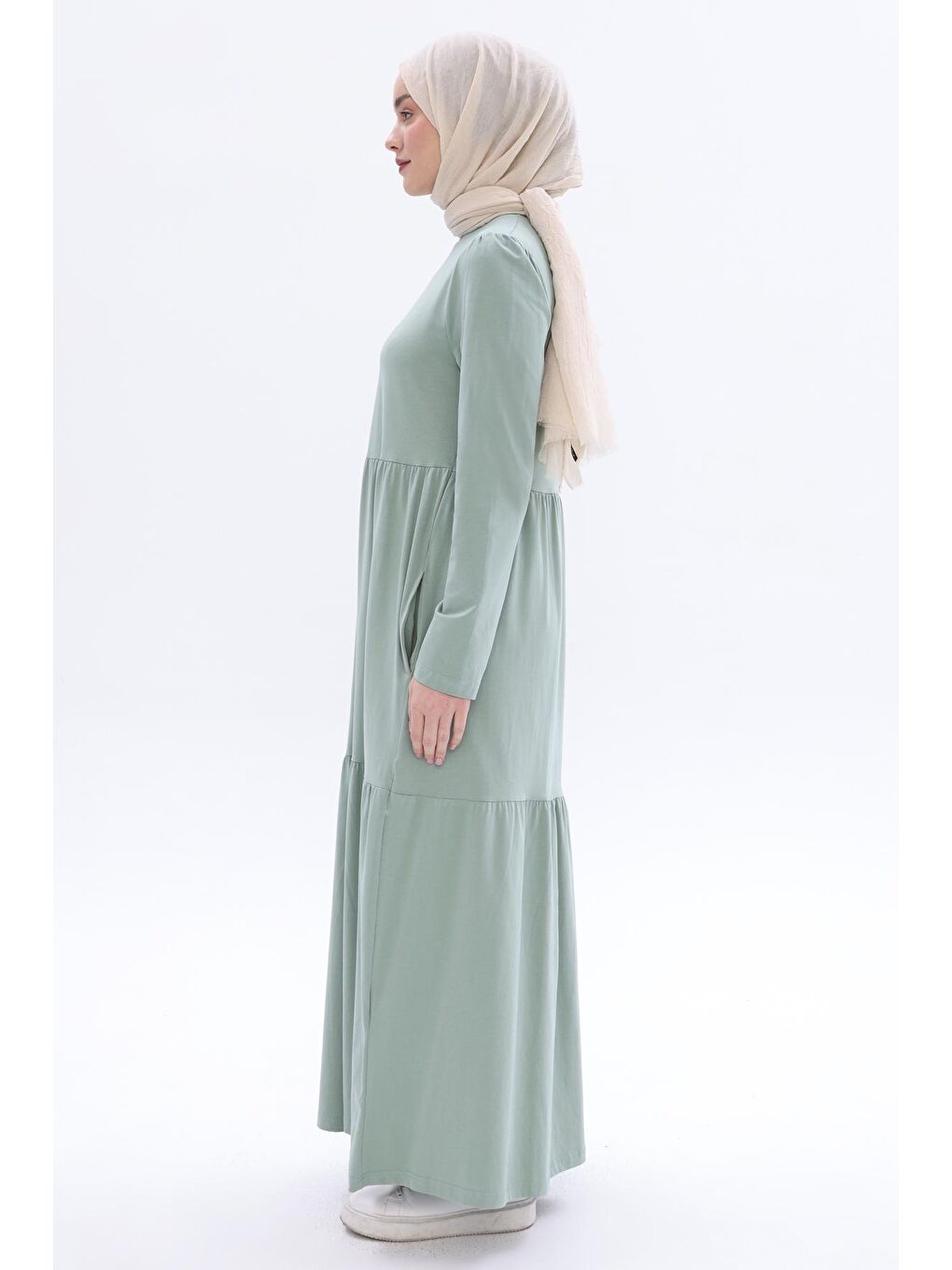 Yeşil Defne Pamuklu Fırfırlı Cepli Penye Elbise-2