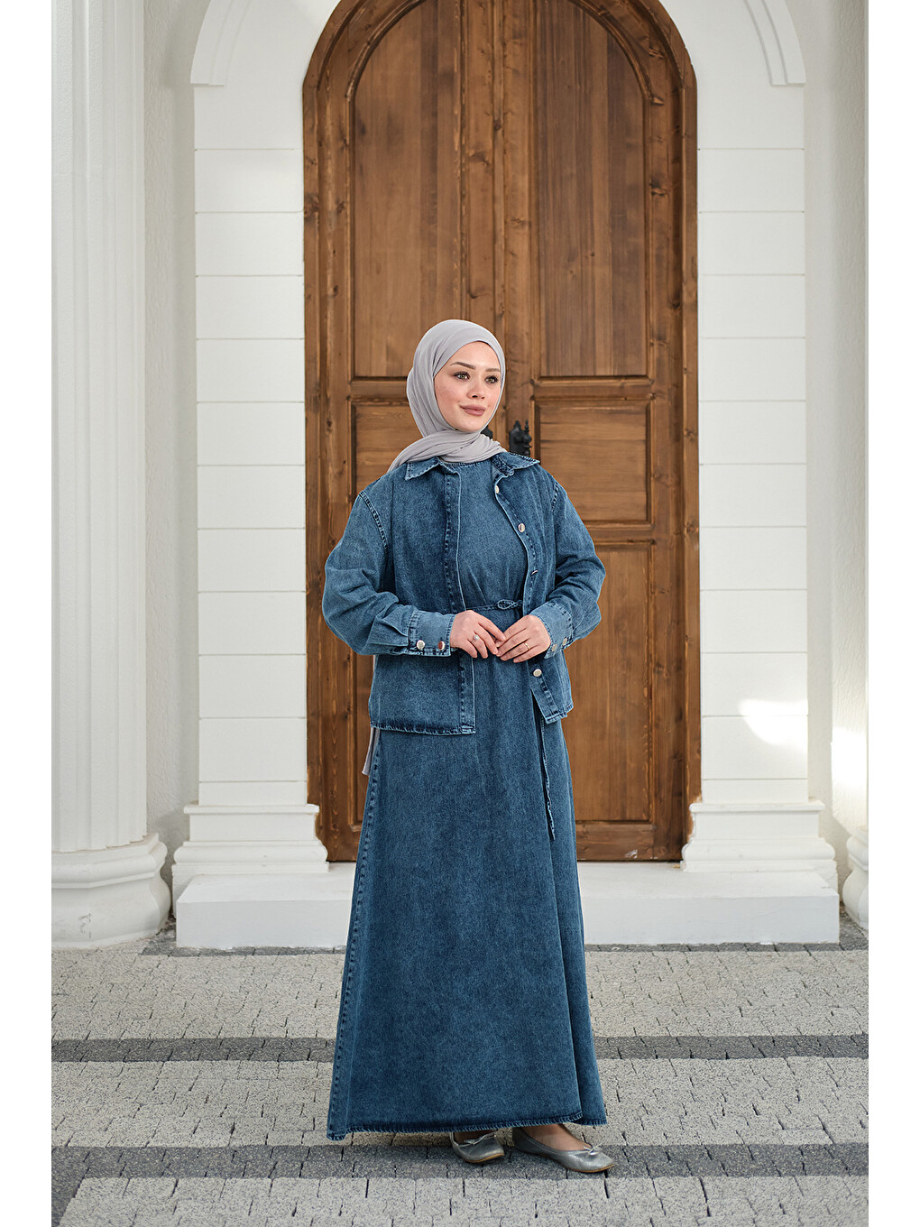 Kadın Düğmeli Bel Bağlamalı Jean Takım Yıkama Mavi-4