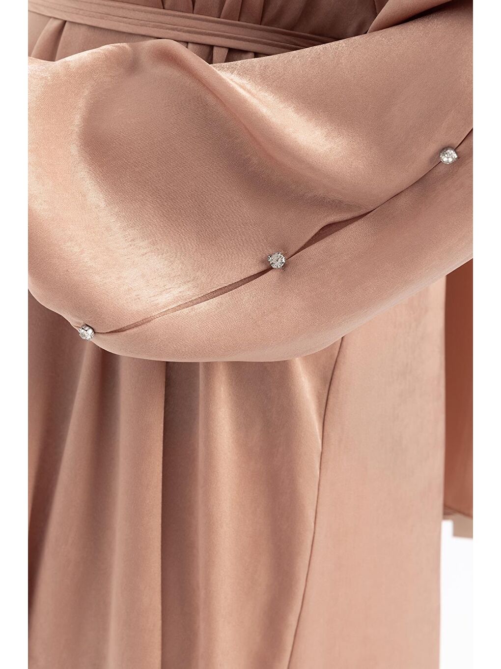 Bej Vizon-Taşlı Saten Elbise-4