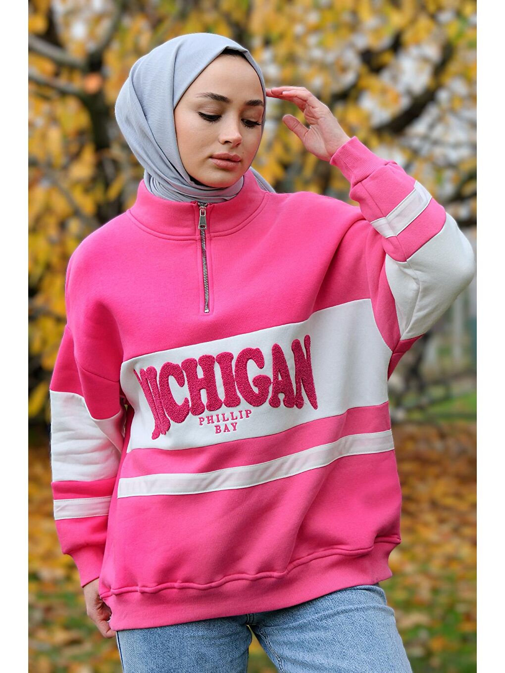 Önü Fermuarlı Sweat Fuşya-3
