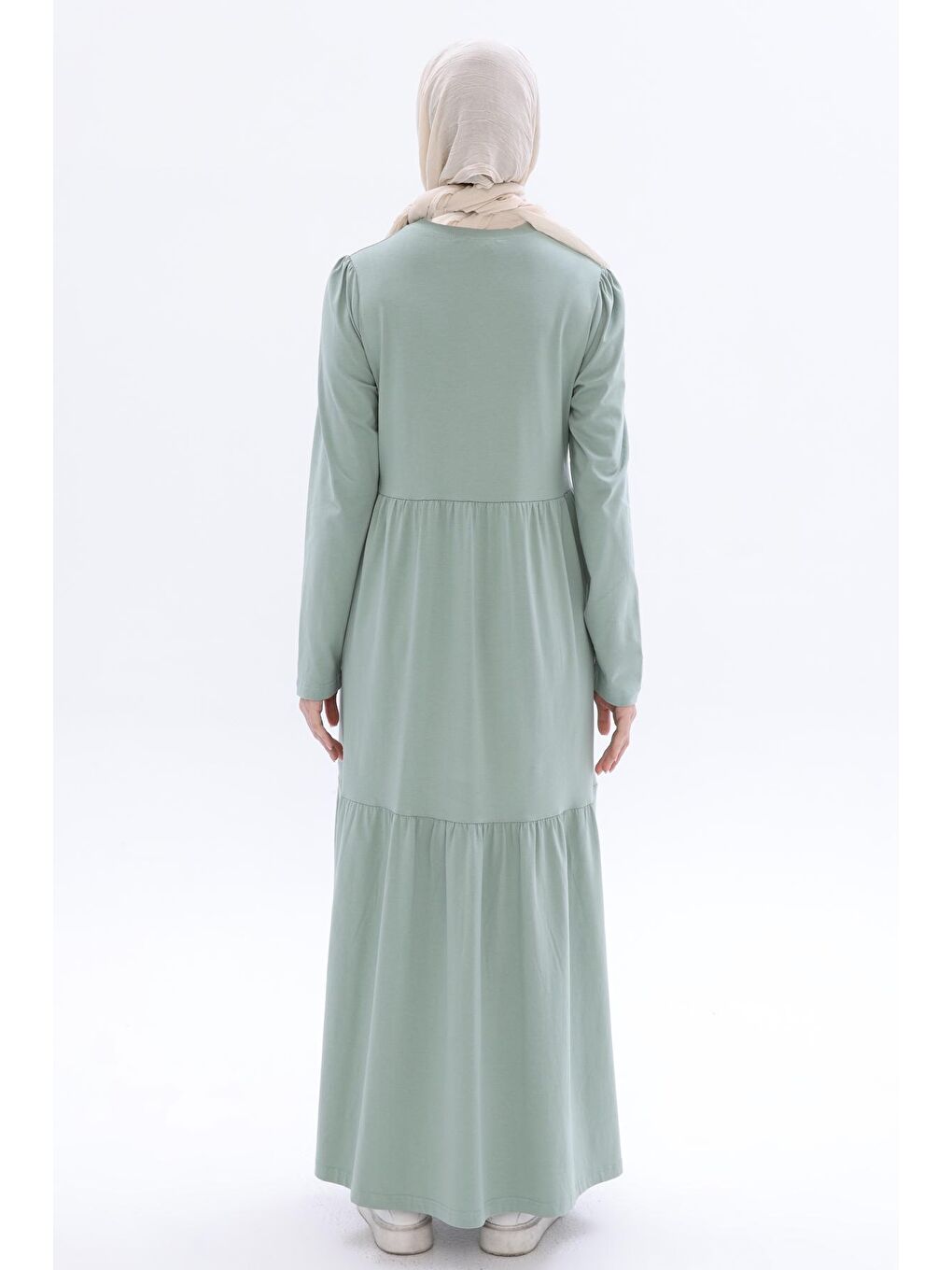 Yeşil Defne Pamuklu Fırfırlı Cepli Penye Elbise-3