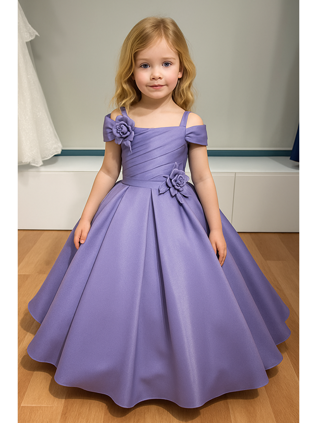Kız Çocuk Lila Çiçek Detaylı Tarlatanlı Prenses Abiye Elbise