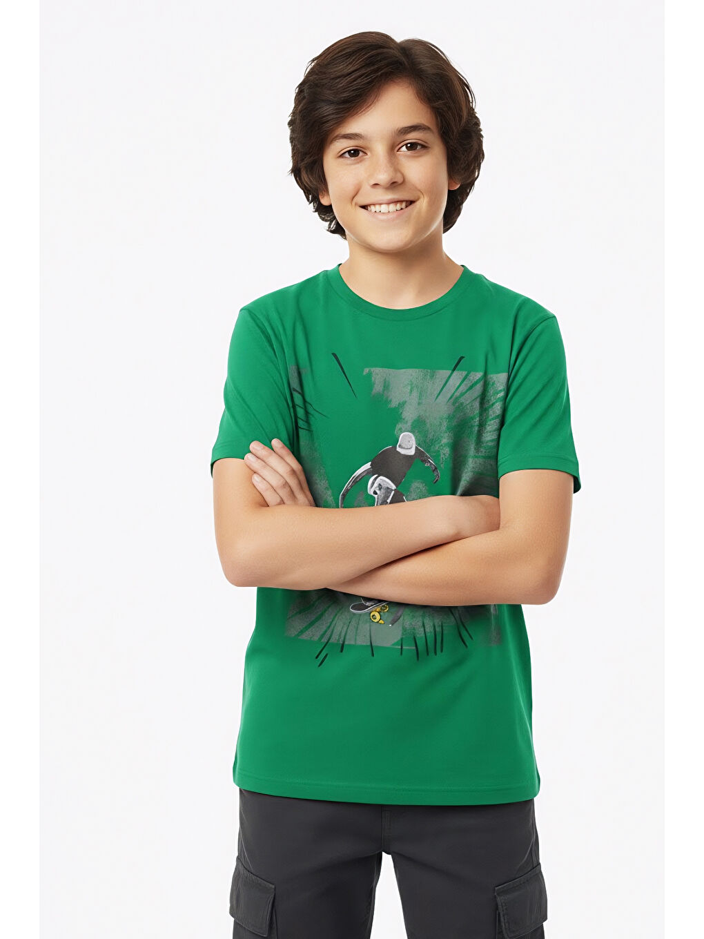 Yeşil Erkek Çocuk %100 Pamuk T-Shirt-KayKay Baskılı-12-16 Yaş 12526