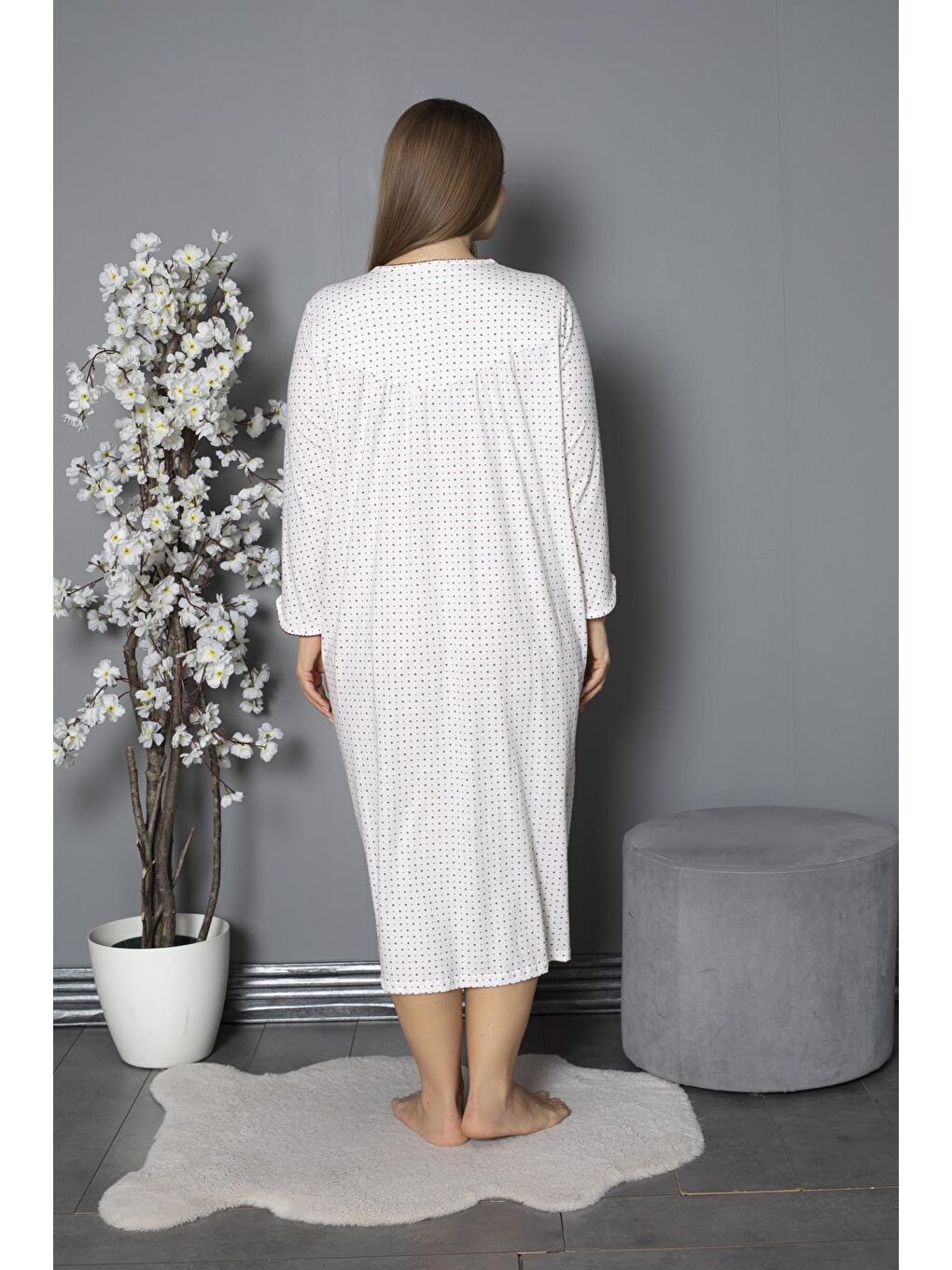 Mürdüm %100 Pamuklu Mevsimlik Penye Uzun Kollu Büyük Beden Anne Geceliği 1330-5