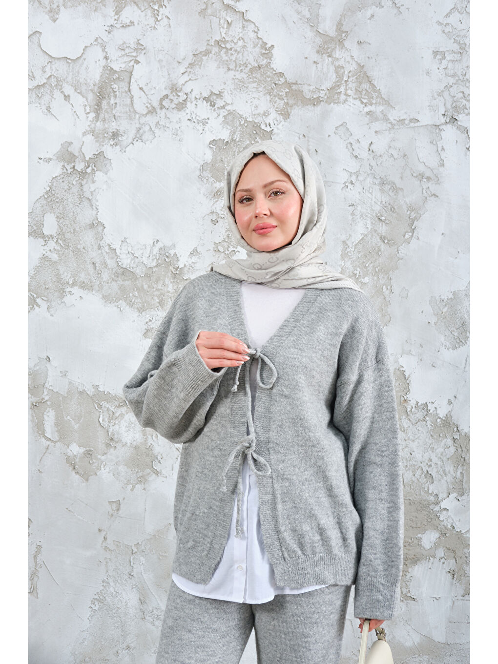 Kadın Ön Bağlamalı Triko Takım Gri-3