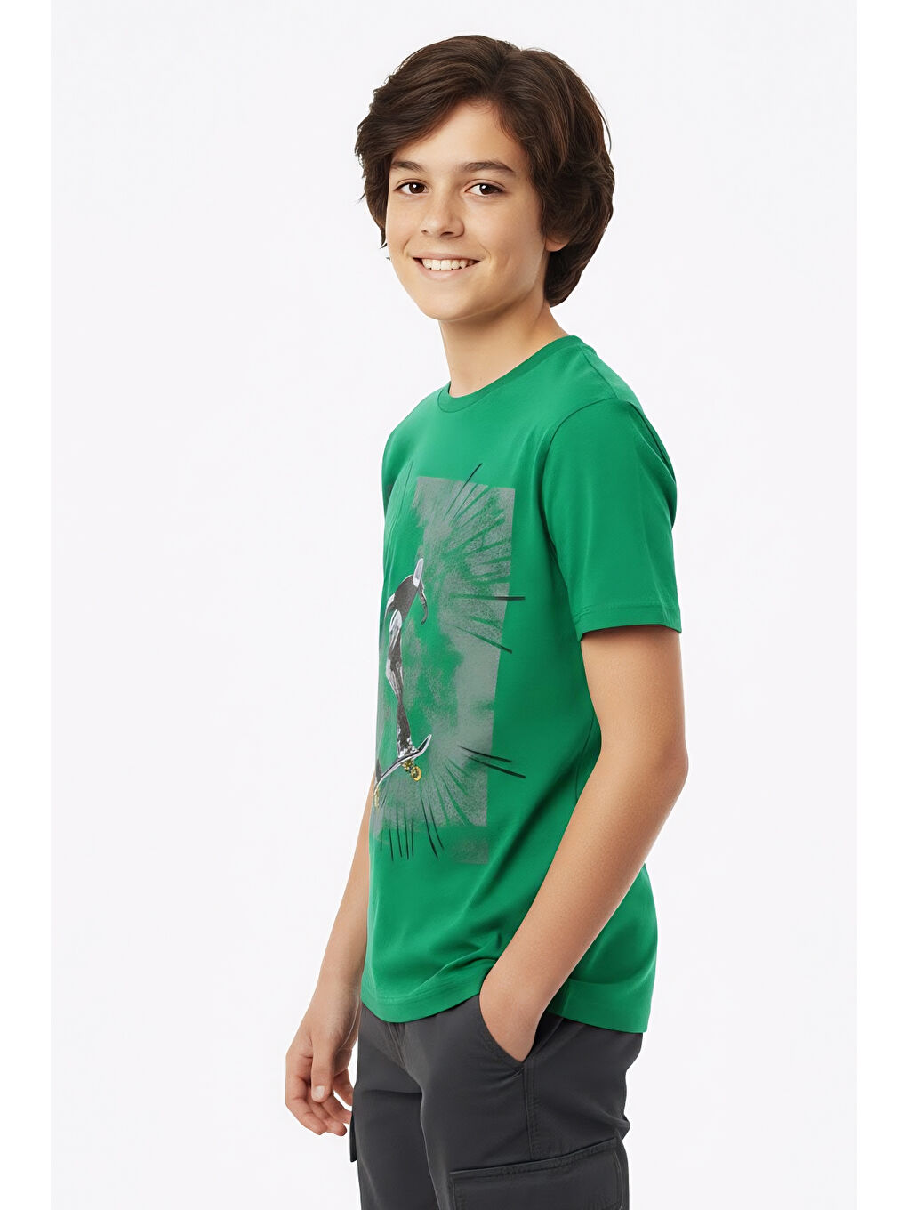 Yeşil Erkek Çocuk %100 Pamuk T-Shirt-KayKay Baskılı-12-16 Yaş 12526-1