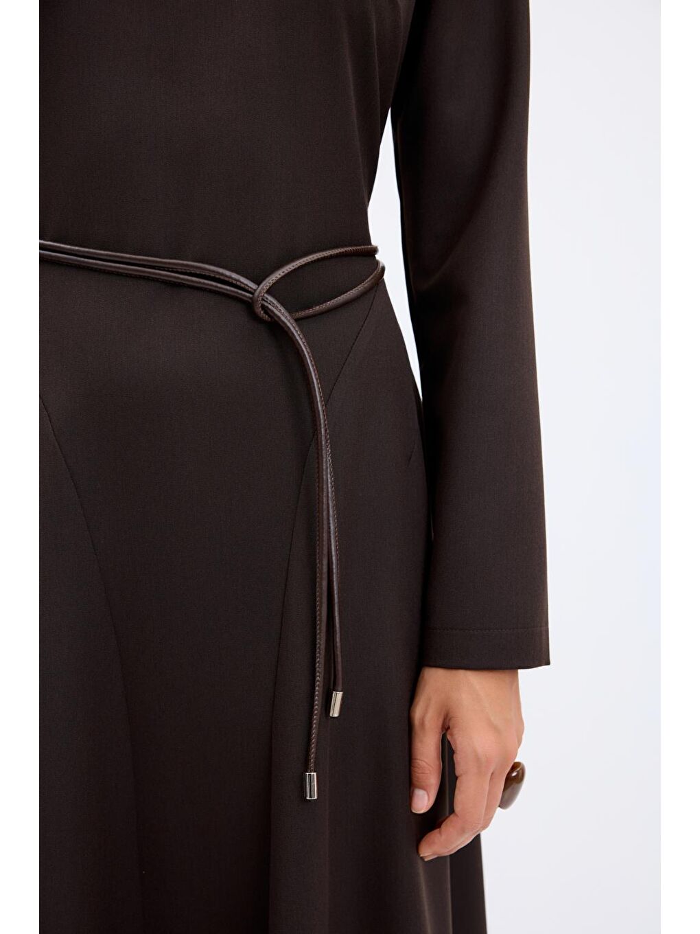 Kahverengi Bisiklet Yaka Parçalı Uzun Elbise Kahve-6