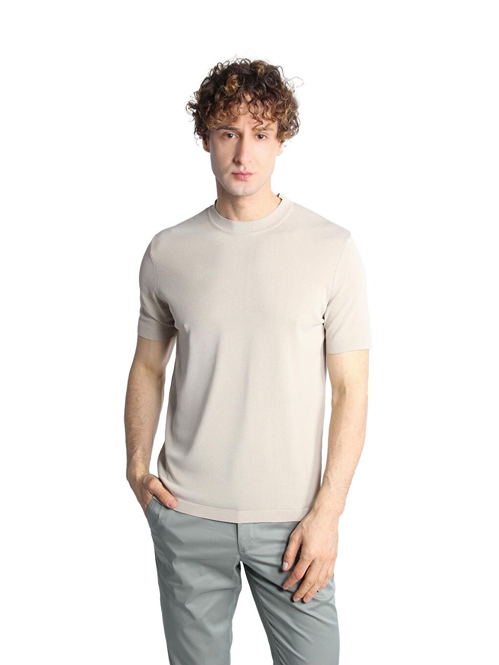 Bej Taş Dar Kalıp Bisiklet Yaka Düz Kısa Kollu Triko Tişört-2