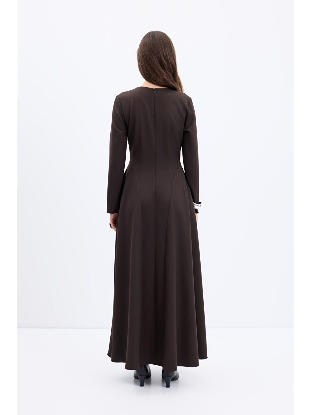 Kahverengi Bisiklet Yaka Parçalı Uzun Elbise Kahve-7