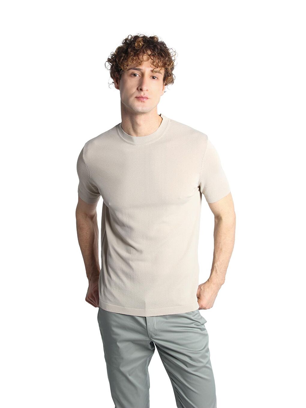 Bej Taş Dar Kalıp Bisiklet Yaka Düz Kısa Kollu Triko Tişört-3