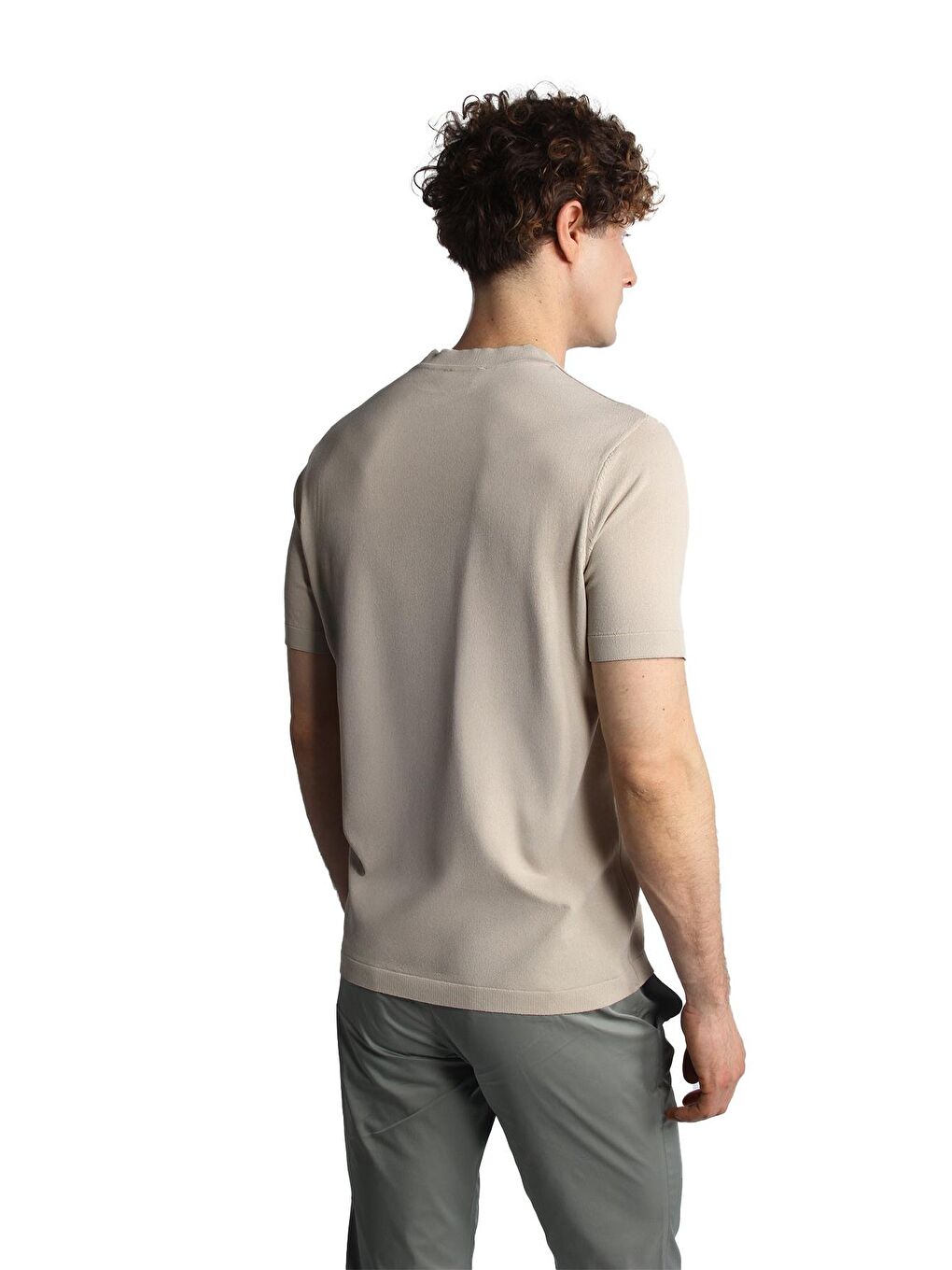 Bej Taş Dar Kalıp Bisiklet Yaka Düz Kısa Kollu Triko Tişört-4