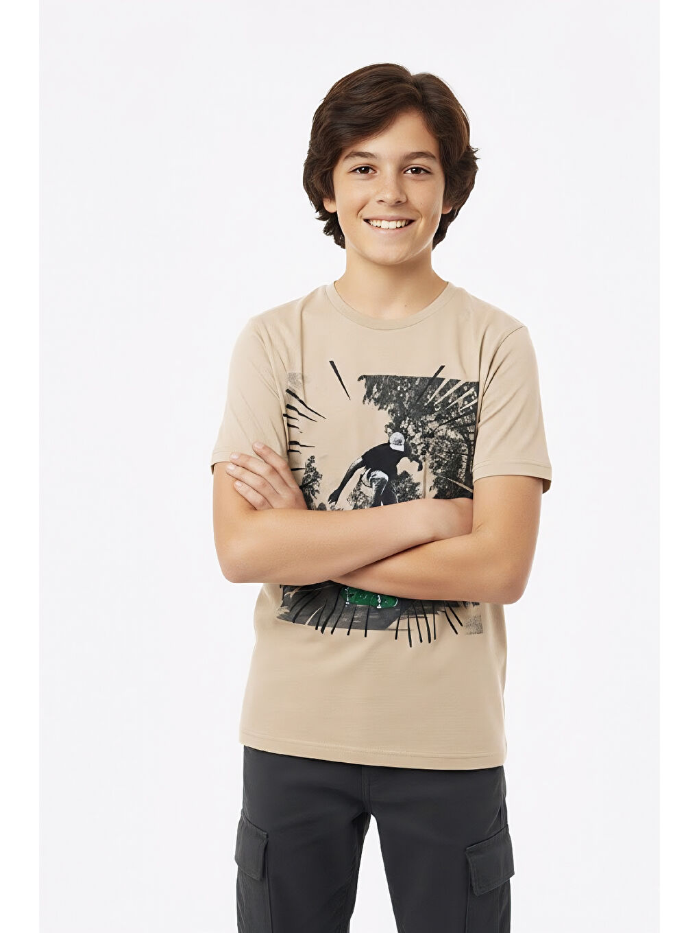 Ekru Erkek Çocuk %100 Pamuk T-Shirt-KayKay Baskılı-12-16 Yaş 12526