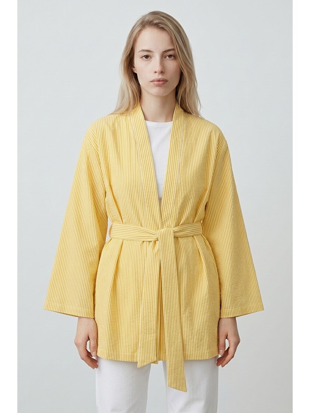 Sarı Kadın Dikey Çizgili Geniş Kollu Yazlık Relaxed Kimono